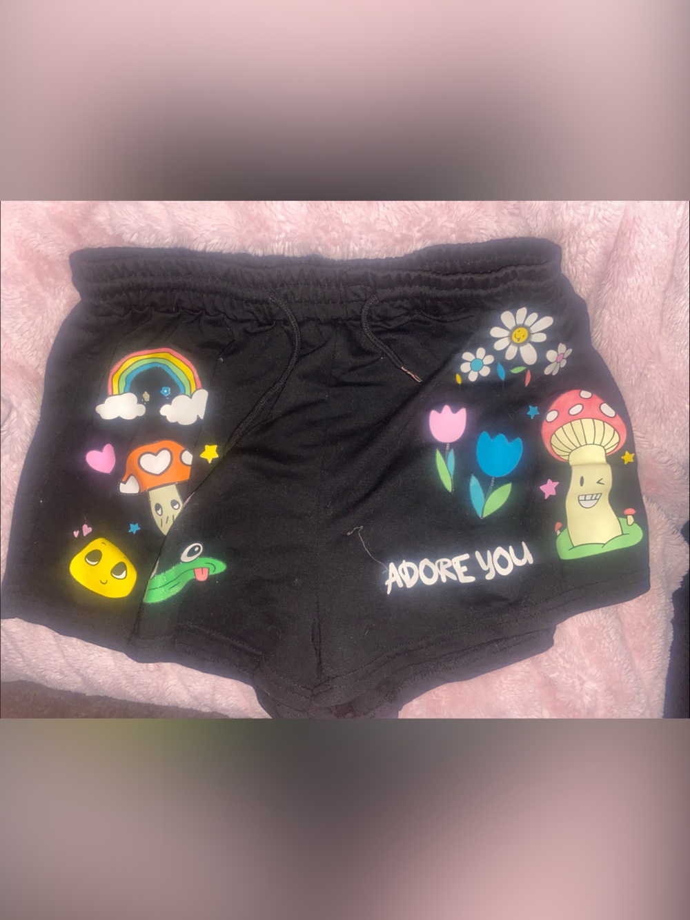 ROMWE Black Graphic Kids Drawstring Shorts with Colorful Mushrooms & Rainbows